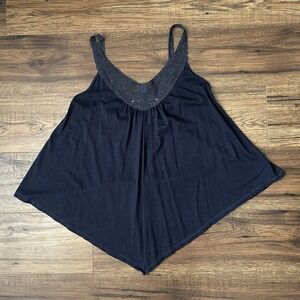 American Eagle Flowy Tank Top Navy Blue Crochet Strap Asymmetrical Boho Hippie S